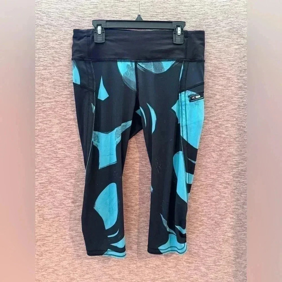 Lululemon Women's‎ Run Top Speed Cropped Leggings Size 6 Black & Turquoise - Picture 1 of 8